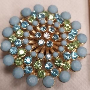 Vintage Blue Resin and Green Crystal Brooch